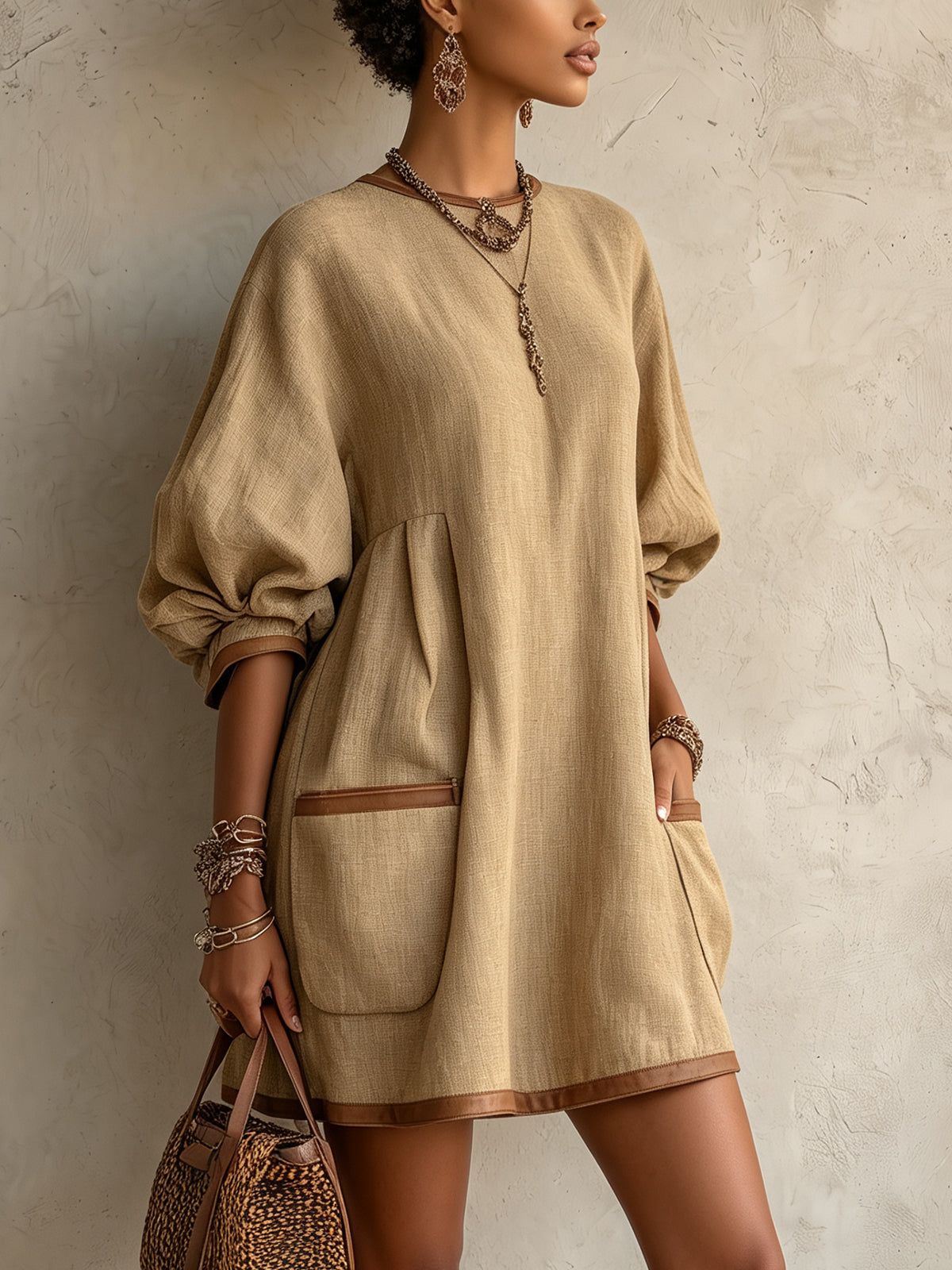 Khaki Oversized Mini Dress with Balloon Sleeves and Pockets