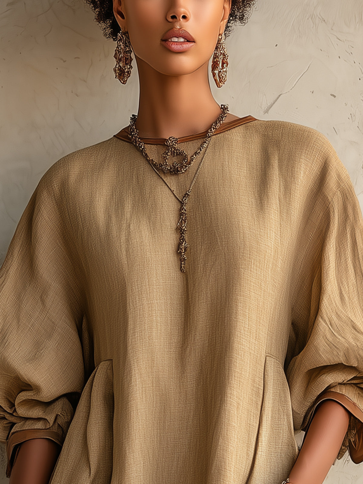 Khaki Linen Oversized Mini Dress with Balloon Sleeves and Pockets