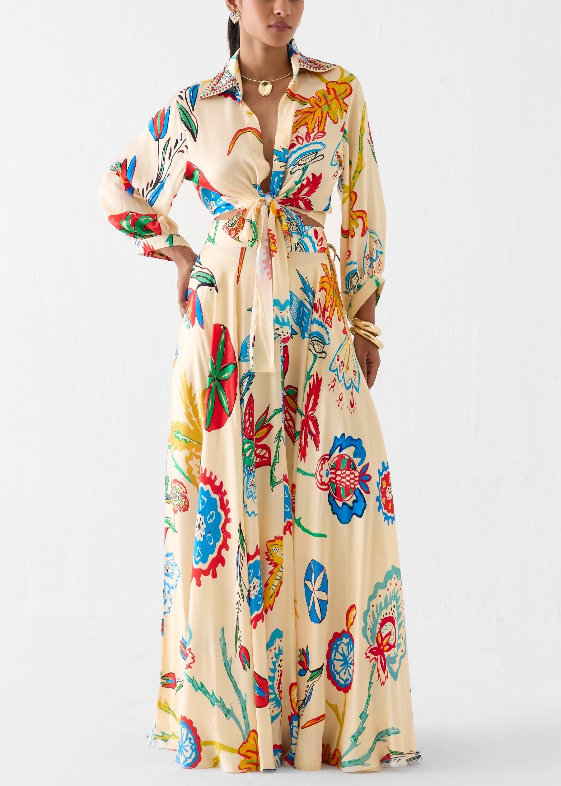 Rose | Tropical Floral Waist Tie Shirt & Maxi Skirt Set