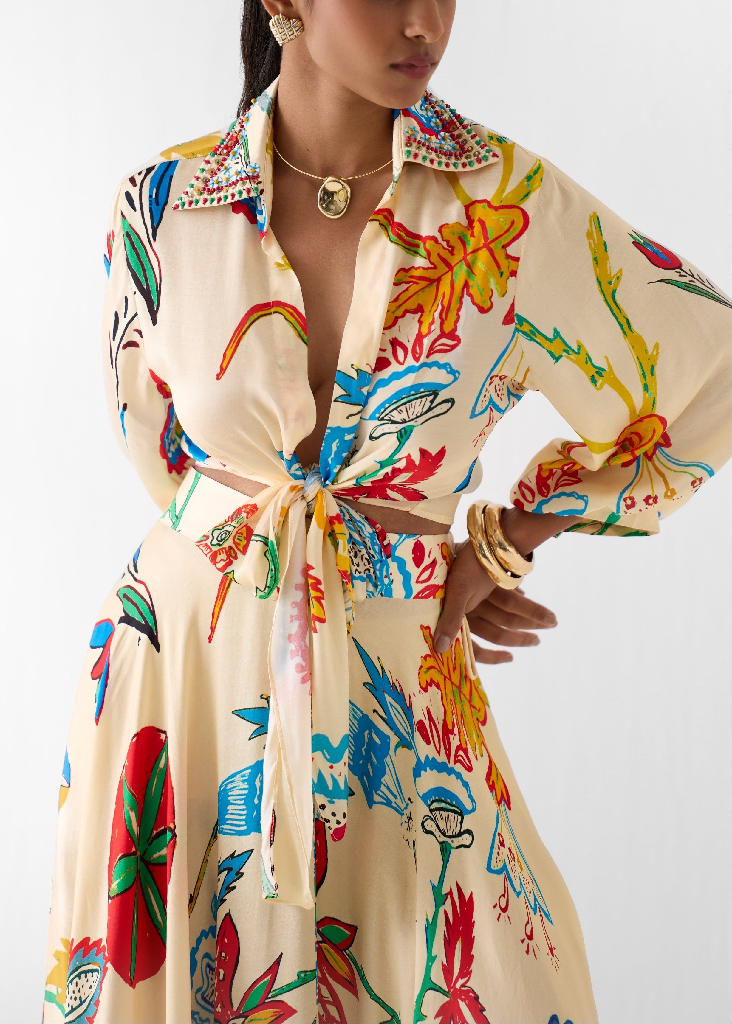 Rose | Tropical Floral Waist Tie Shirt & Maxi Skirt Set