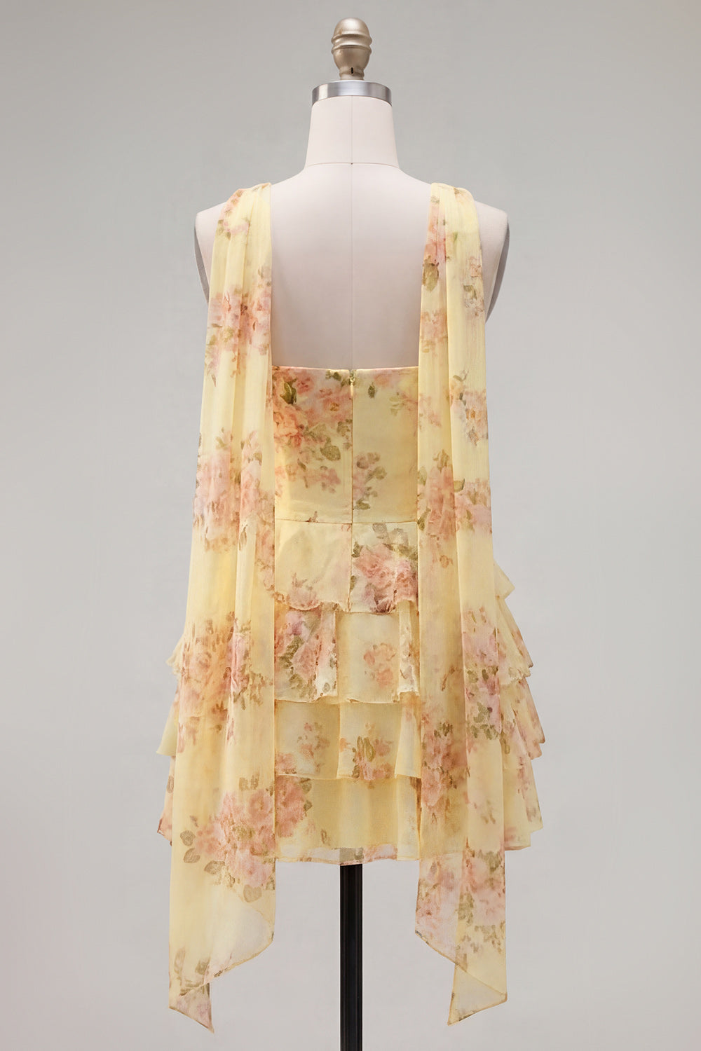 A-Line Yellow Floral Strapless Dress with Chiffon Scarf