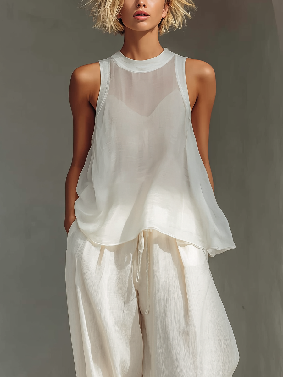 Mia | Semi-Sheer Sleeveless Top & Drawstring Wide-Leg Trousers