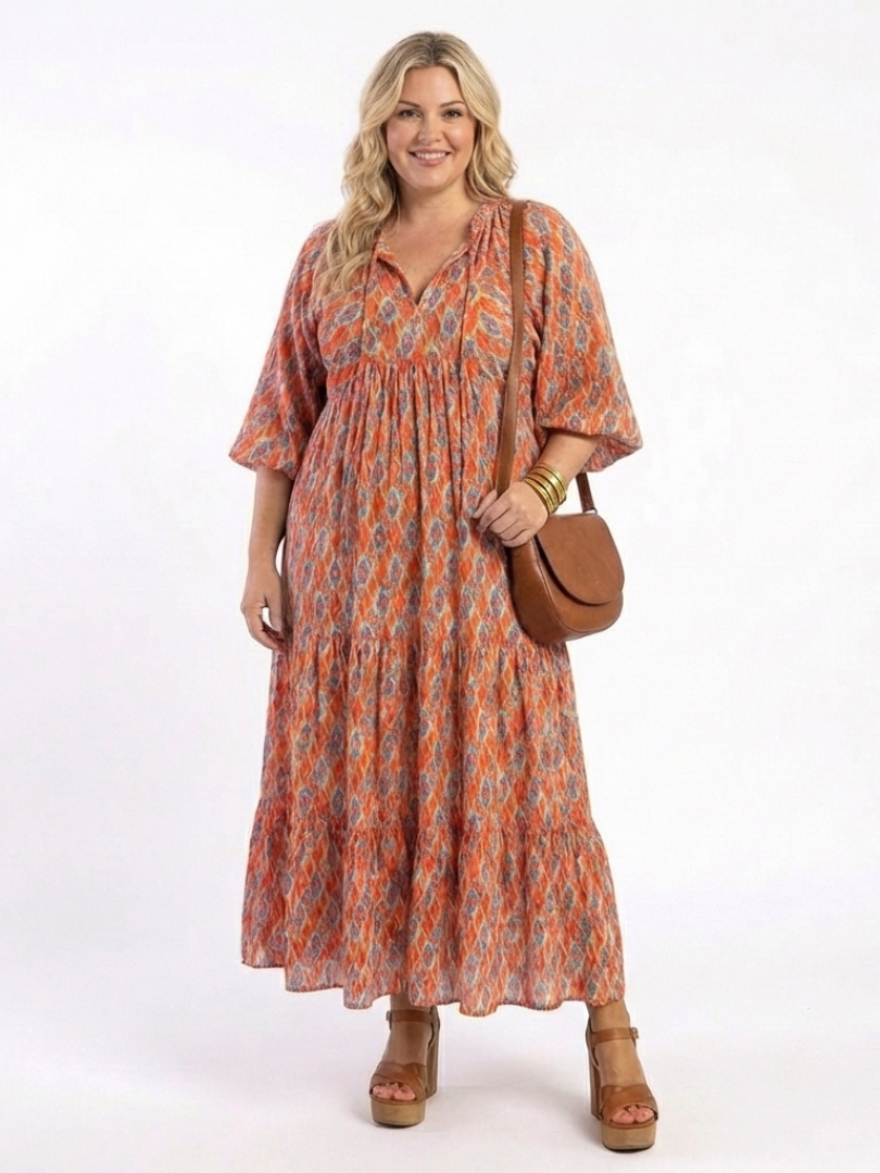 Sienna | Geometric Print V Neck Tiered Midi Dress