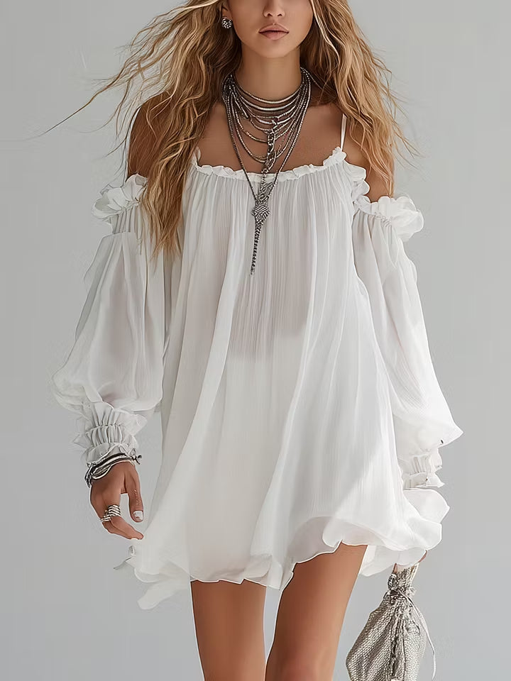 Floating Mini Dress in Bohemian Style with Off-the-Shoulder Design