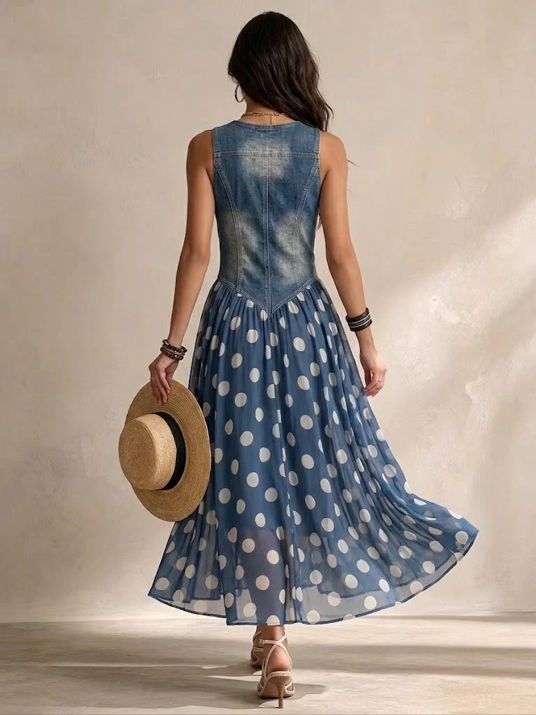 Elena | Elegant Denim Polka Dot Dress