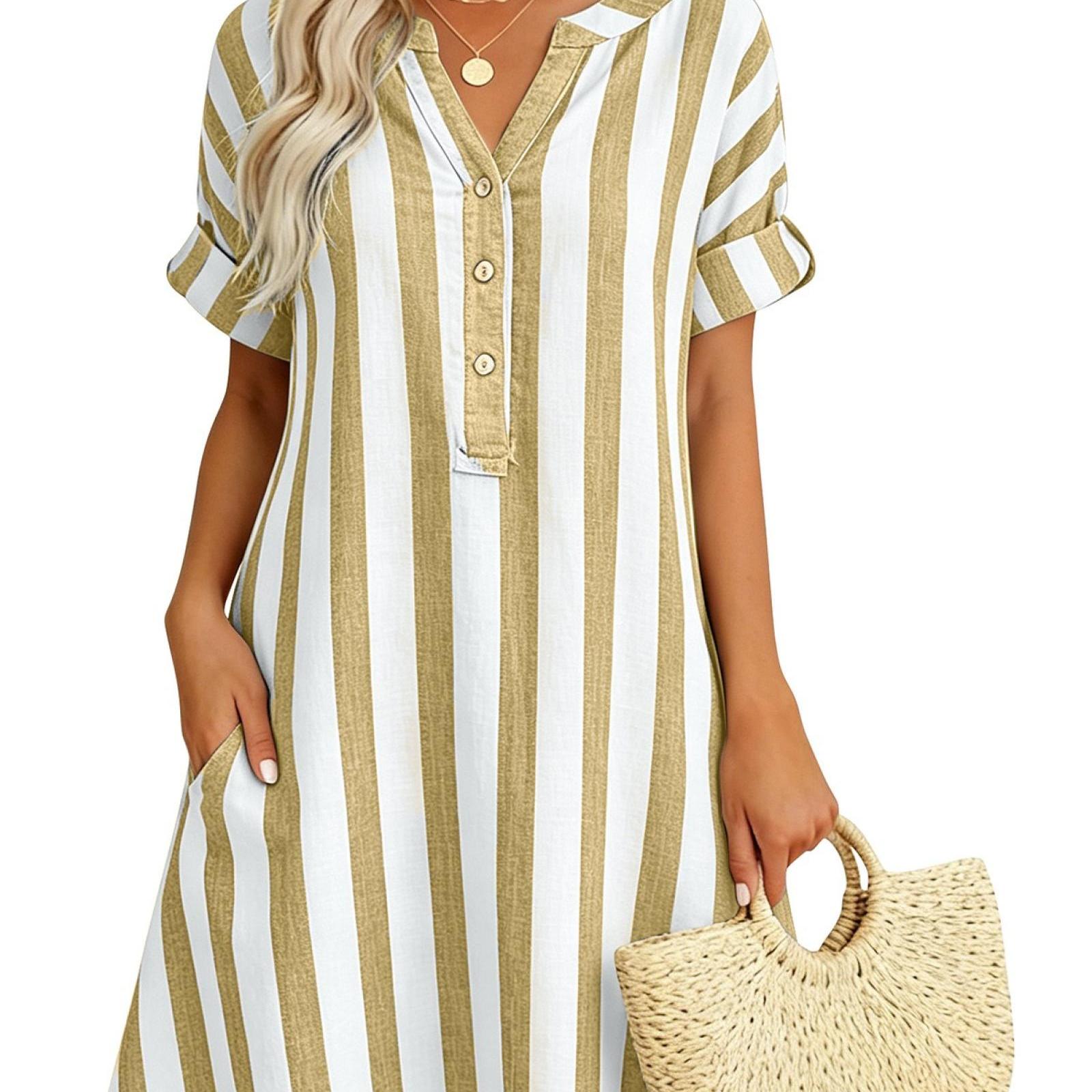 Andrea | Elegant Linen Striped Shirt Dress