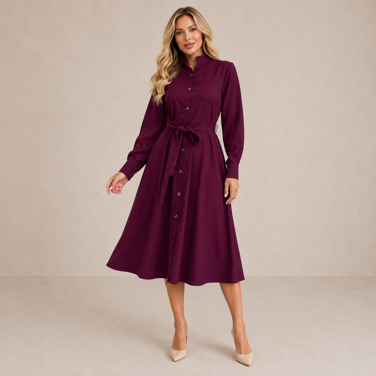 ELVENA™ | Belted Button Midi Dress