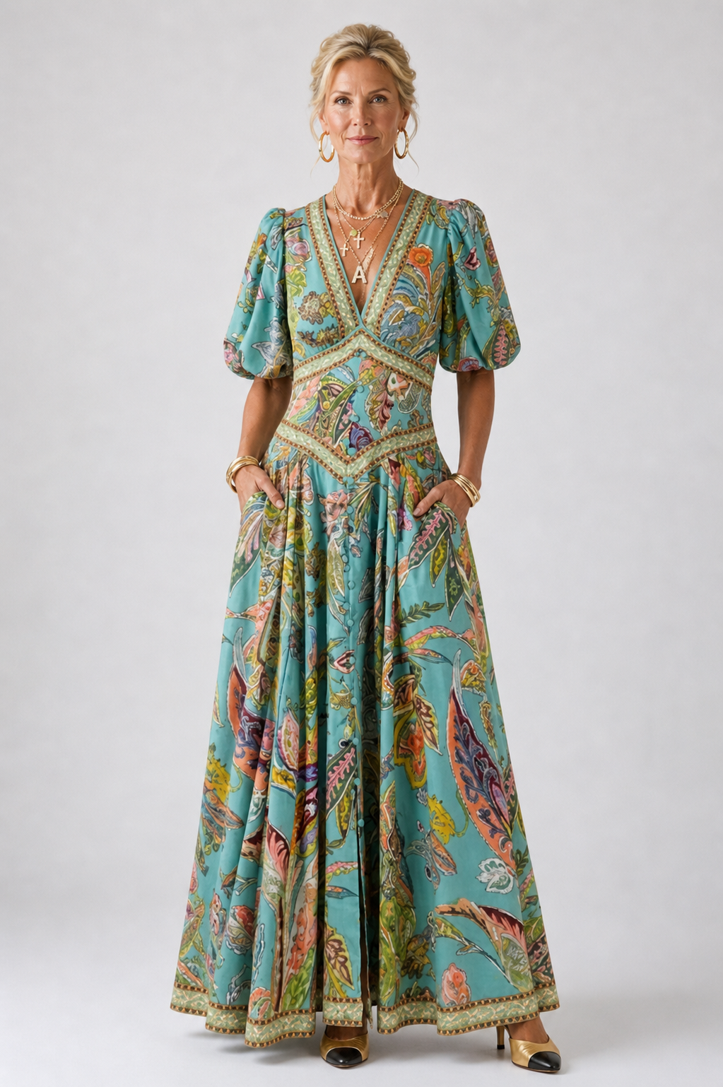 Hayes & Tate™ | Airy maxi dress with puff sleeves and V-neck