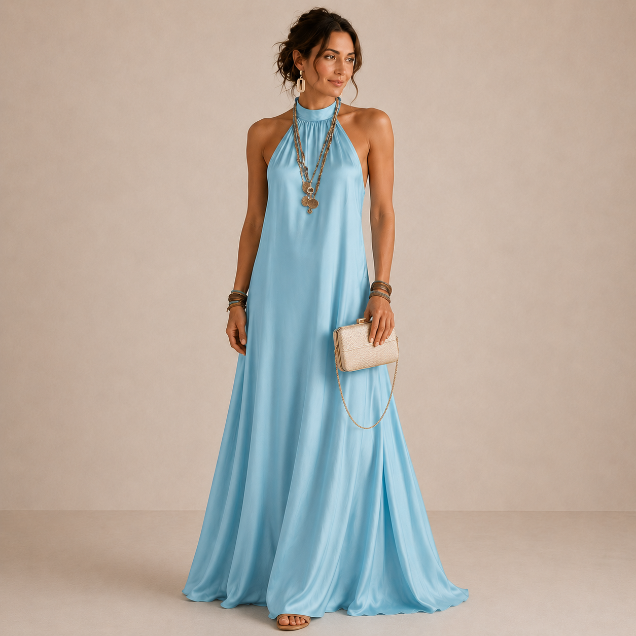 ELVENA™ | Blue Halter-Neck Flowing Maxi Dress