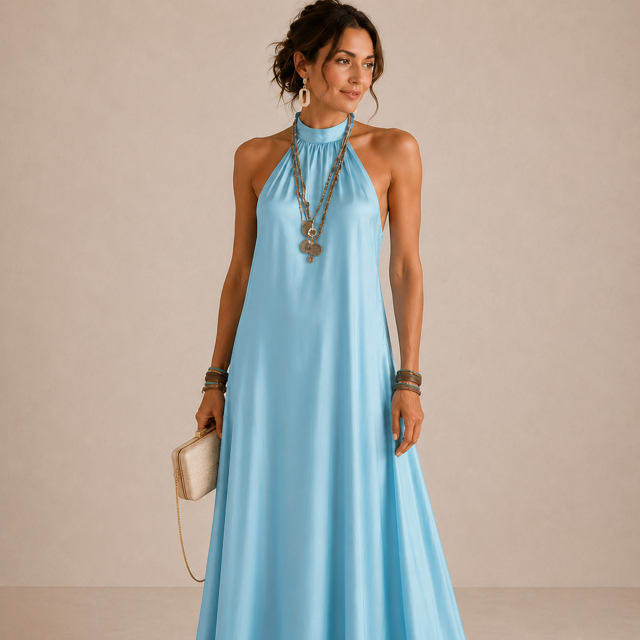 ELVENA™ | Blue Halter-Neck Flowing Maxi Dress