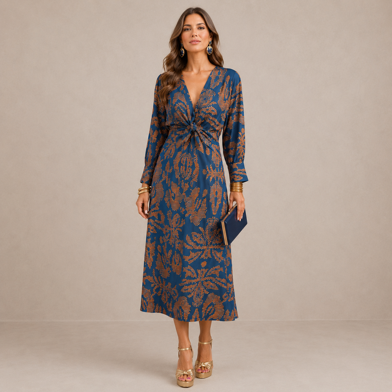 ELVENA™ | V-Neck Tie-Waist Midi Dress