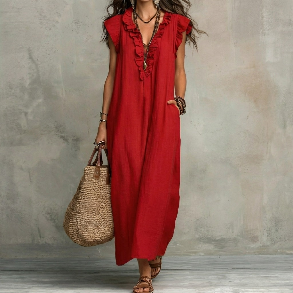 Josefina™ | Long Linen-Texture Dress with V-Neck and Ruffle Details
