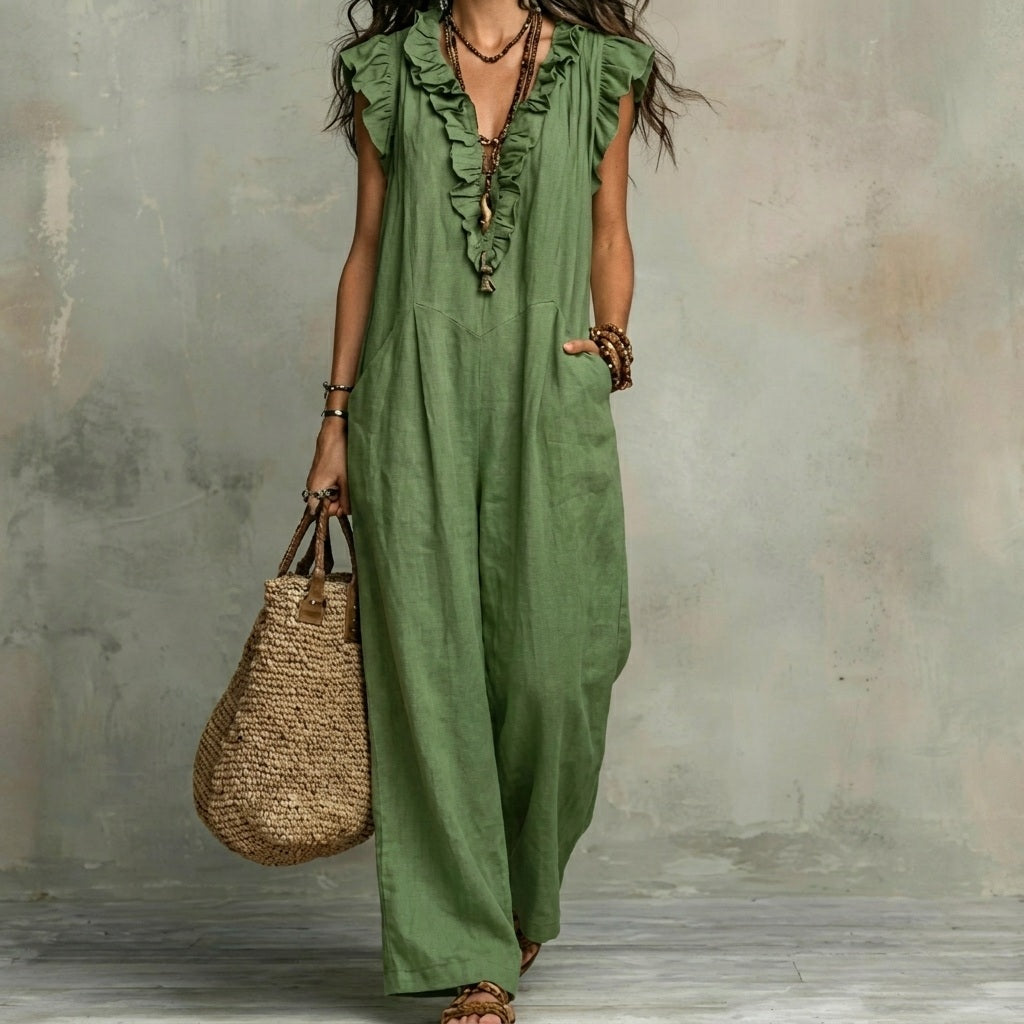 Josefina™ | Long Linen-Texture Dress with V-Neck and Ruffle Details