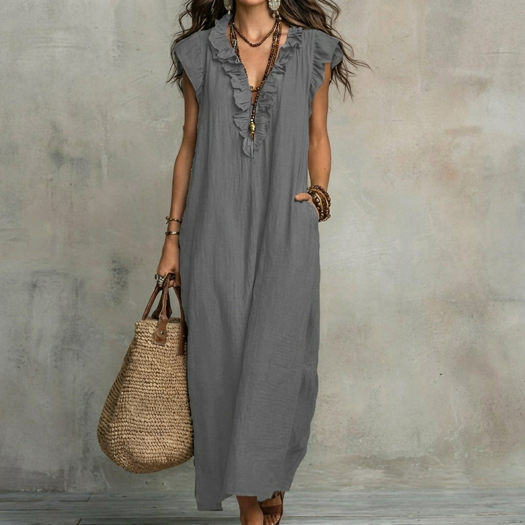 Josefina™ | Long Linen-Texture Dress with V-Neck and Ruffle Details