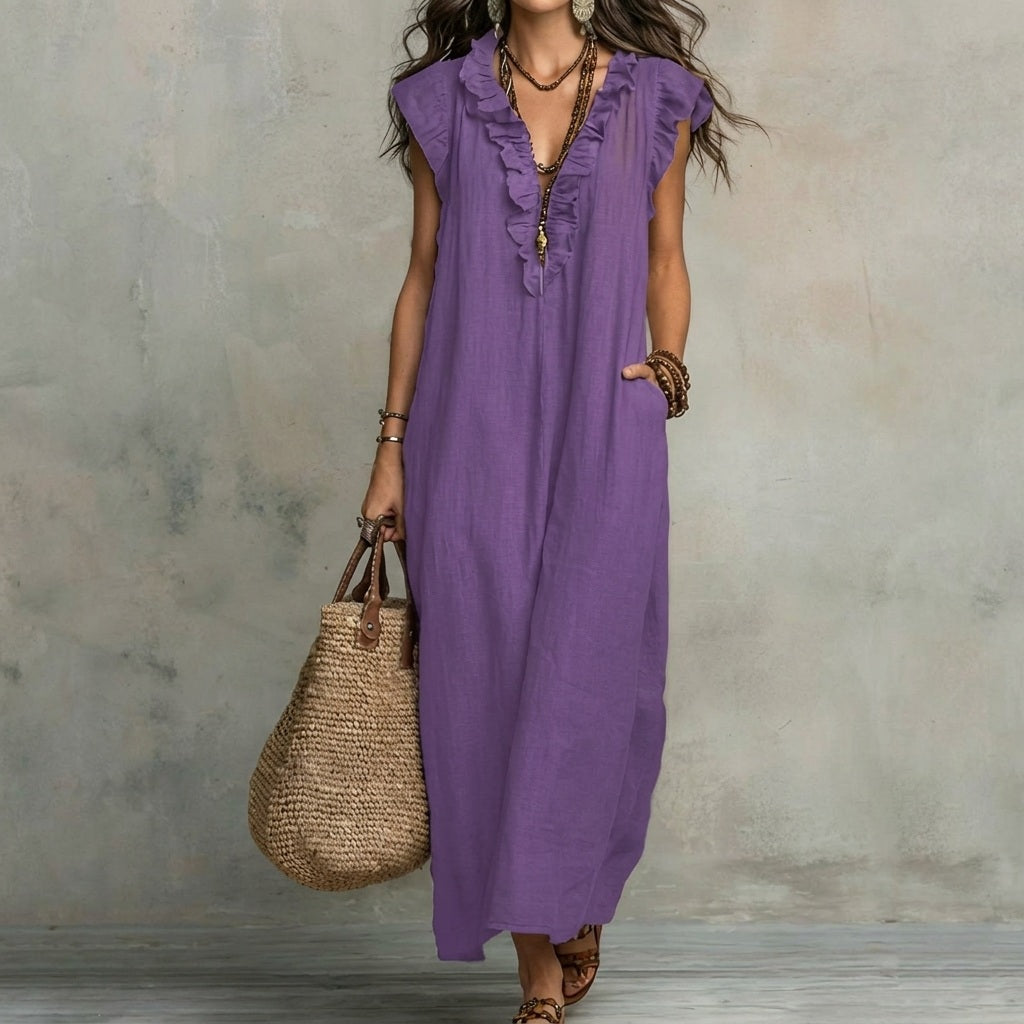 Josefina™ | Long Linen-Texture Dress with V-Neck and Ruffle Details