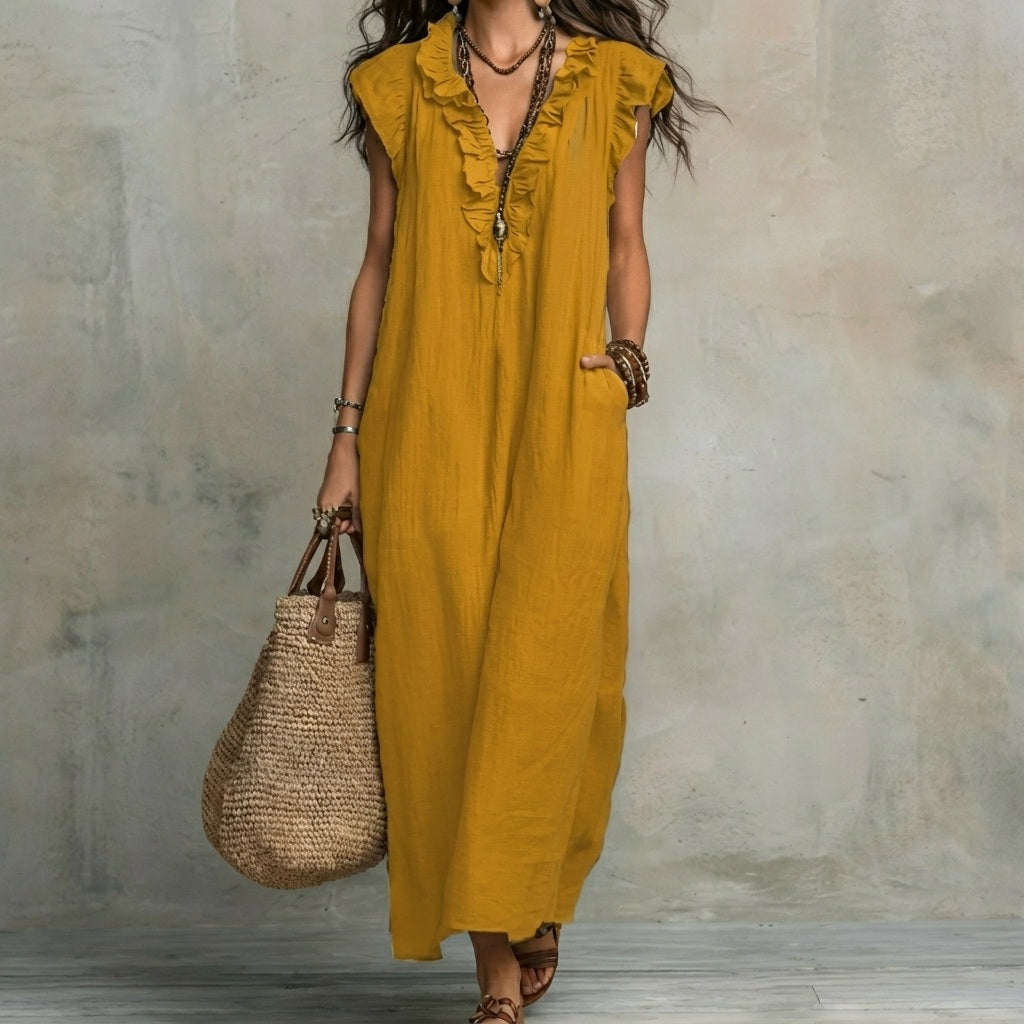 Josefina™ | Long Linen-Texture Dress with V-Neck and Ruffle Details
