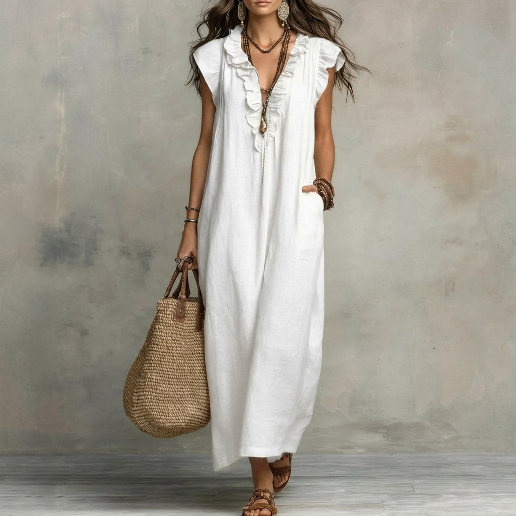 Josefina™ | Long Linen-Texture Dress with V-Neck and Ruffle Details