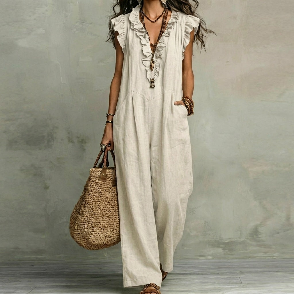 Josefina™ | Long Linen-Texture Dress with V-Neck and Ruffle Details