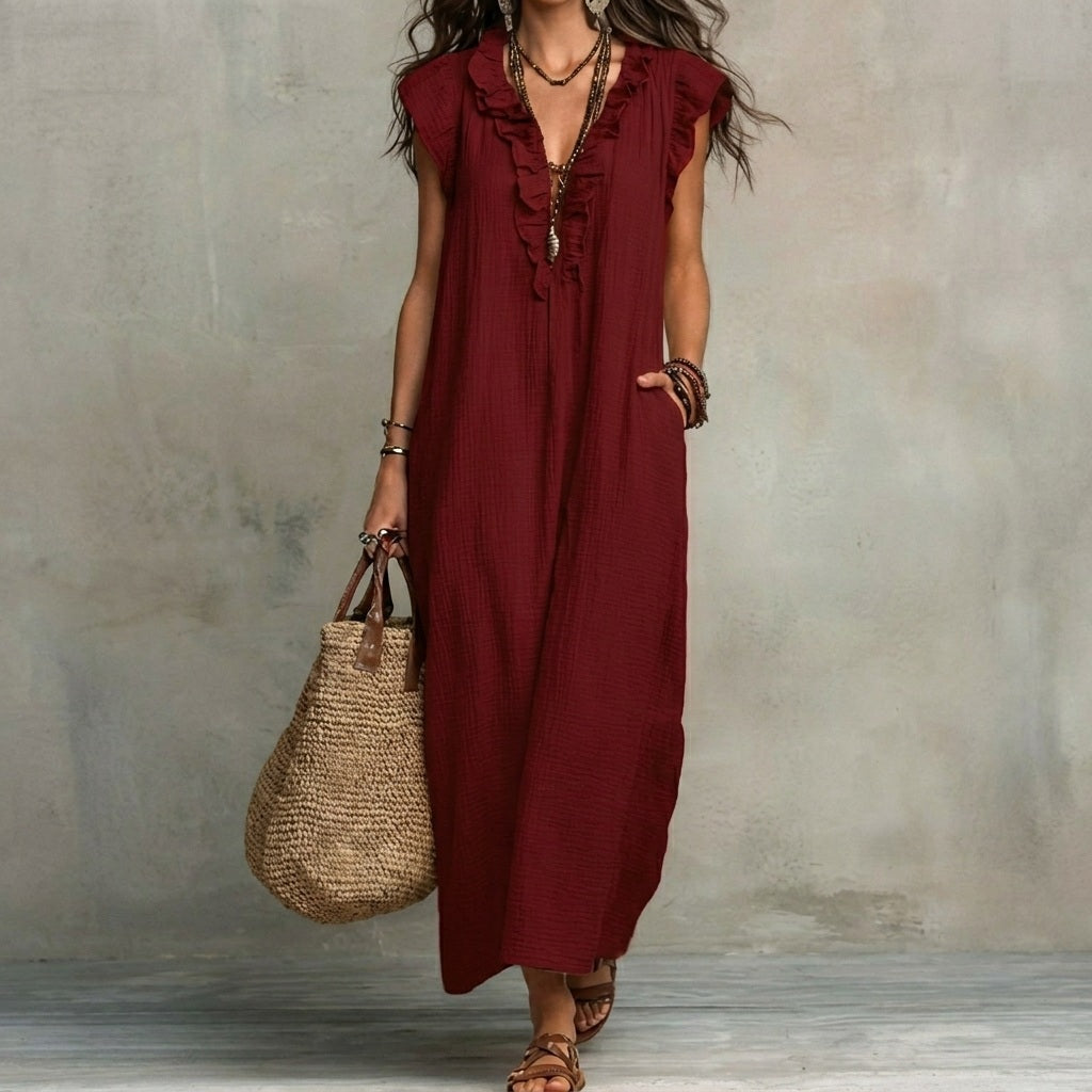 Josefina™ | Long Linen-Texture Dress with V-Neck and Ruffle Details