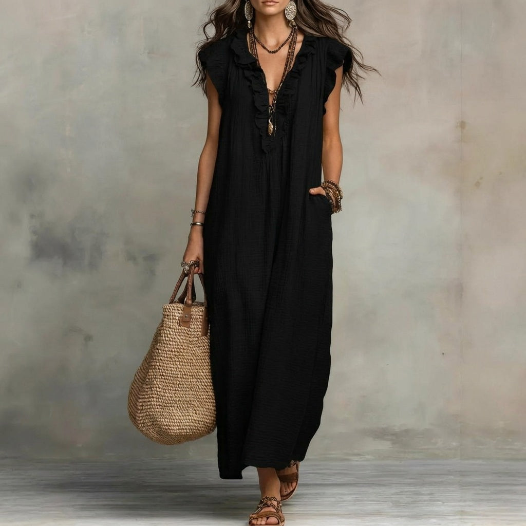 Josefina™ | Long Linen-Texture Dress with V-Neck and Ruffle Details