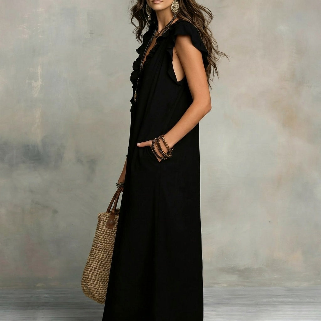 Josefina™ | Long Linen-Texture Dress with V-Neck and Ruffle Details