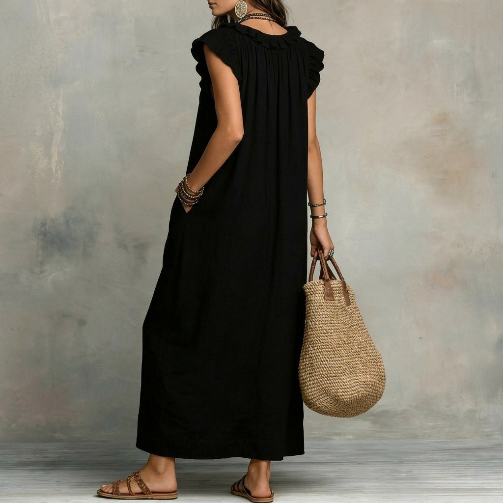Josefina™ | Long Linen-Texture Dress with V-Neck and Ruffle Details
