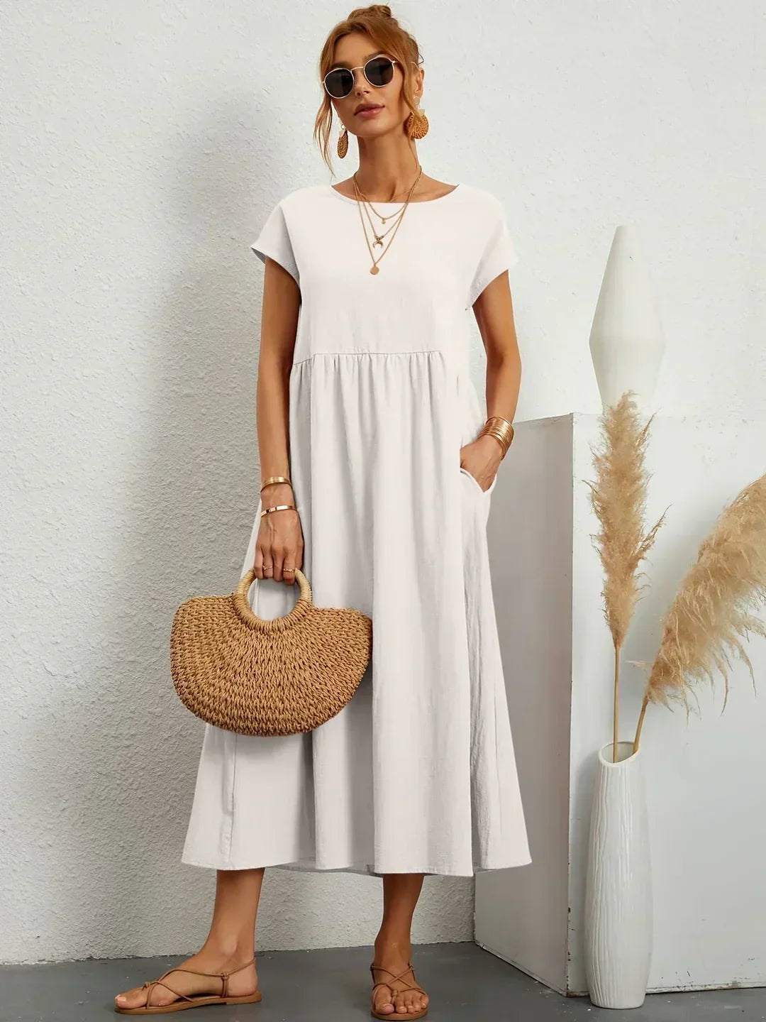 ELVENA™ | Breathable White Midi Dress