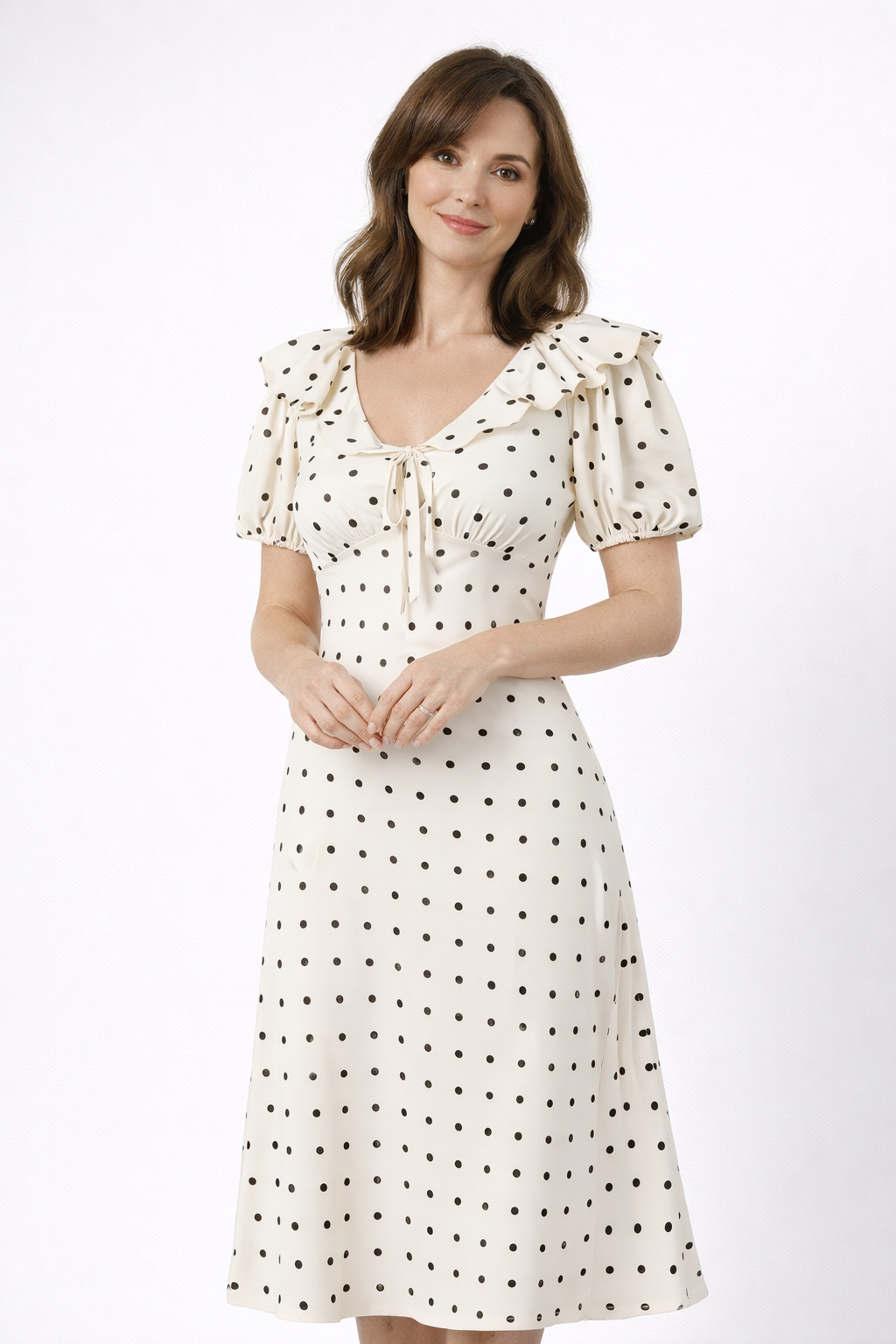 ELVENA™ | Polka Dot Ruffle Midi Dress