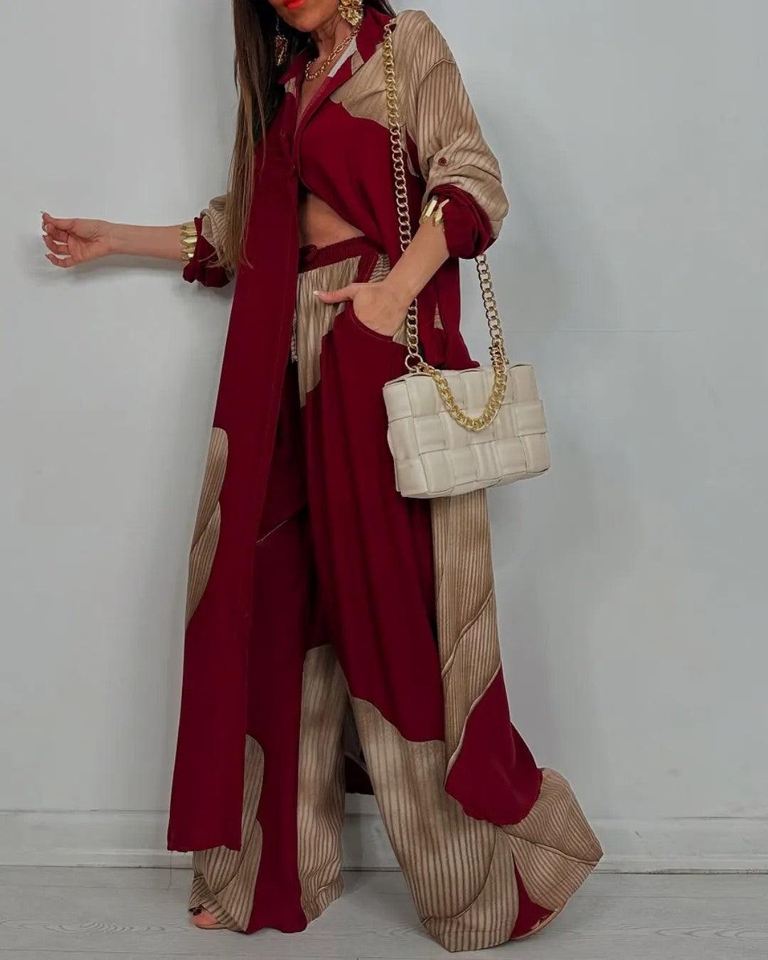 Nora | Color-Block Open-Front Duster & Wide-Leg Pants Set