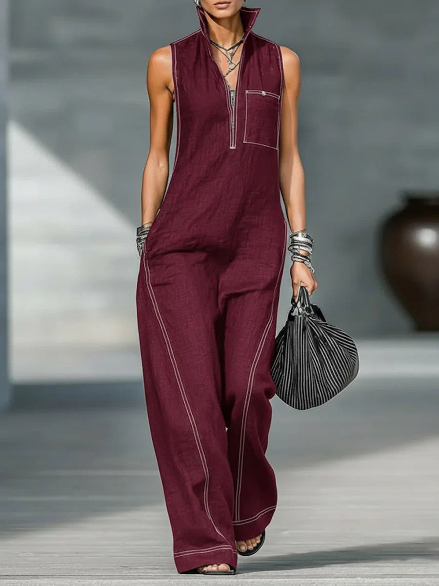 Sleeveless Minimalist Jumpsuit for Women with White Details