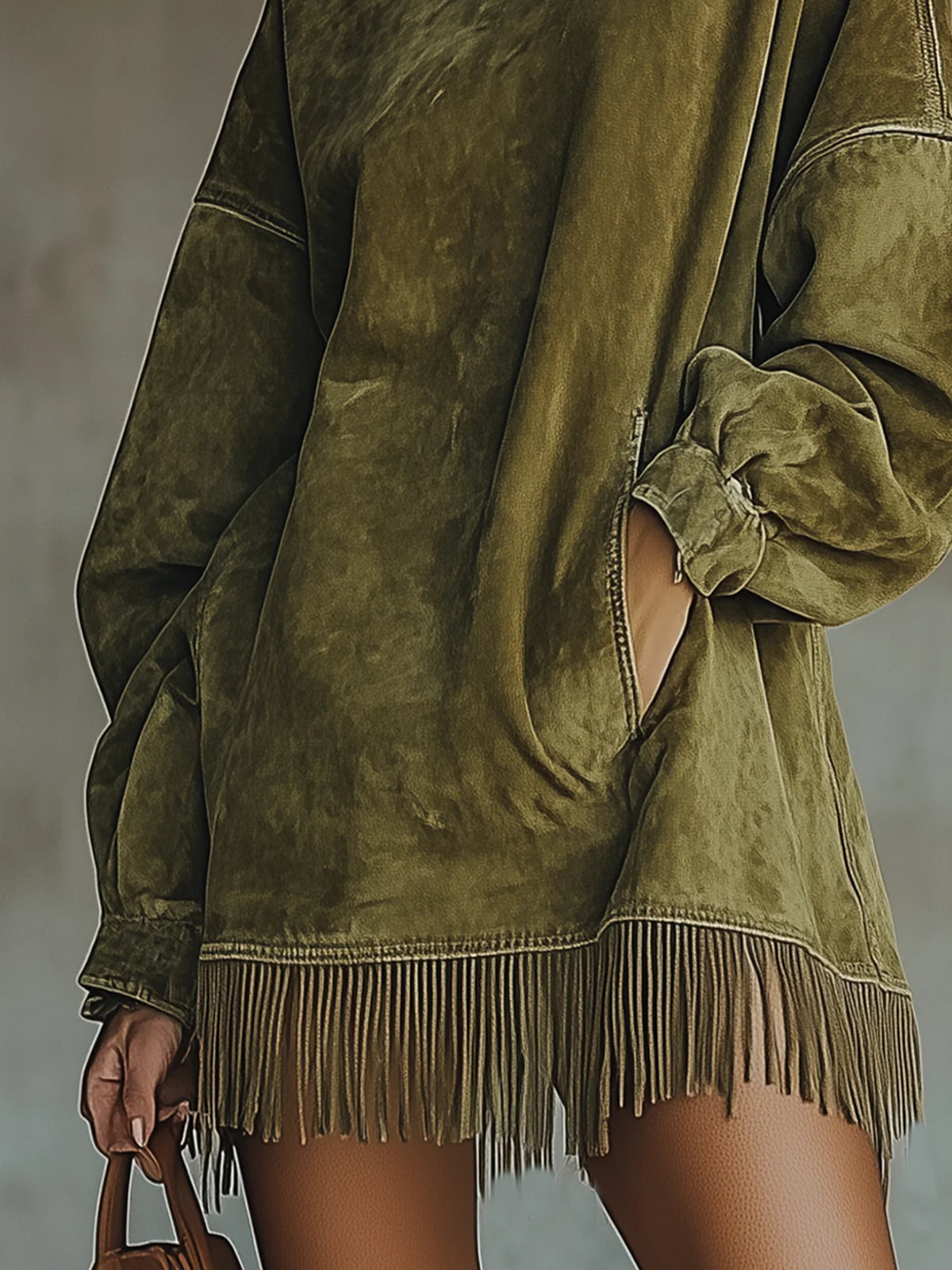 Faux Suede Dress with High Neck and Fringed Hem