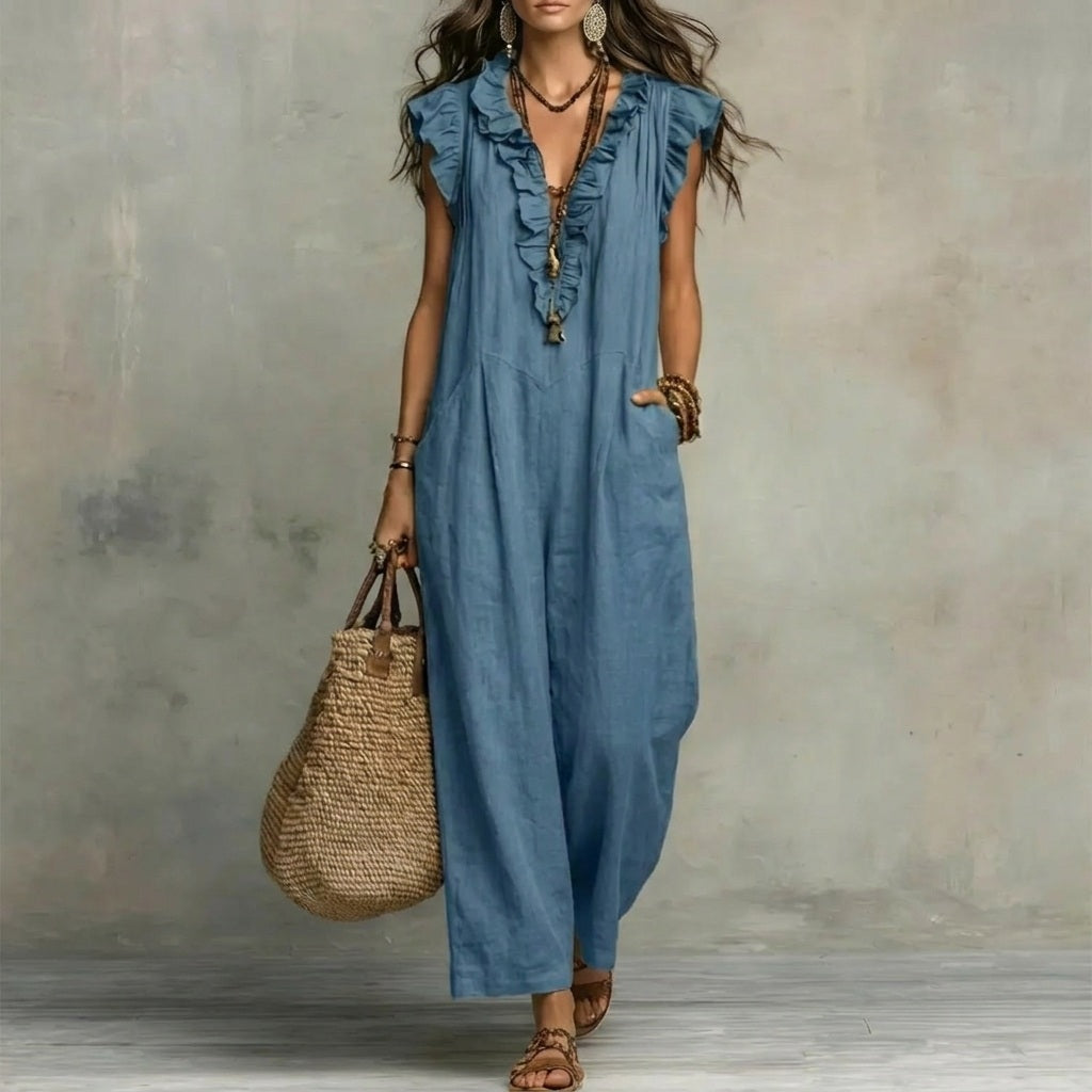 Josefina™ | Long Linen-Texture Dress with V-Neck and Ruffle Details