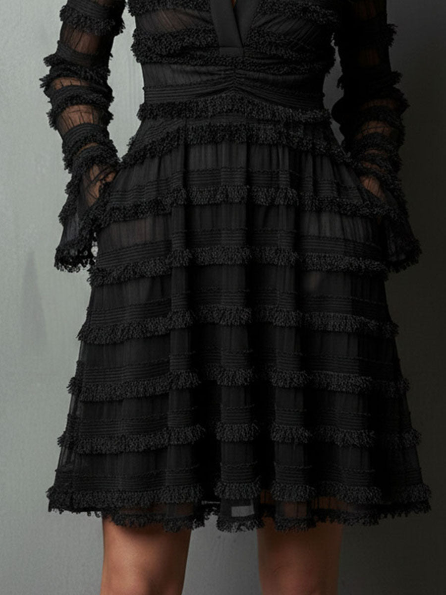 Mini Dress with Transparent Layers and Black Fringes