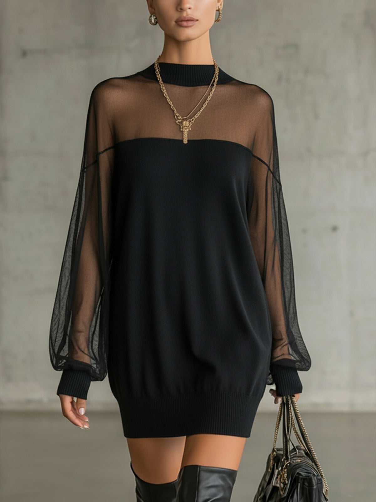 Black Sheer Mesh Sleeve High-Neck Mini Dress