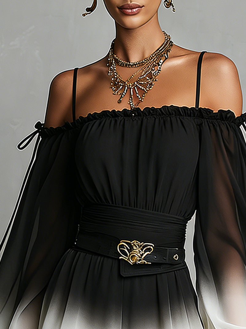 Chiffon Jumpsuit Gradient Black and White with Off-Shoulder Straps (with belt)