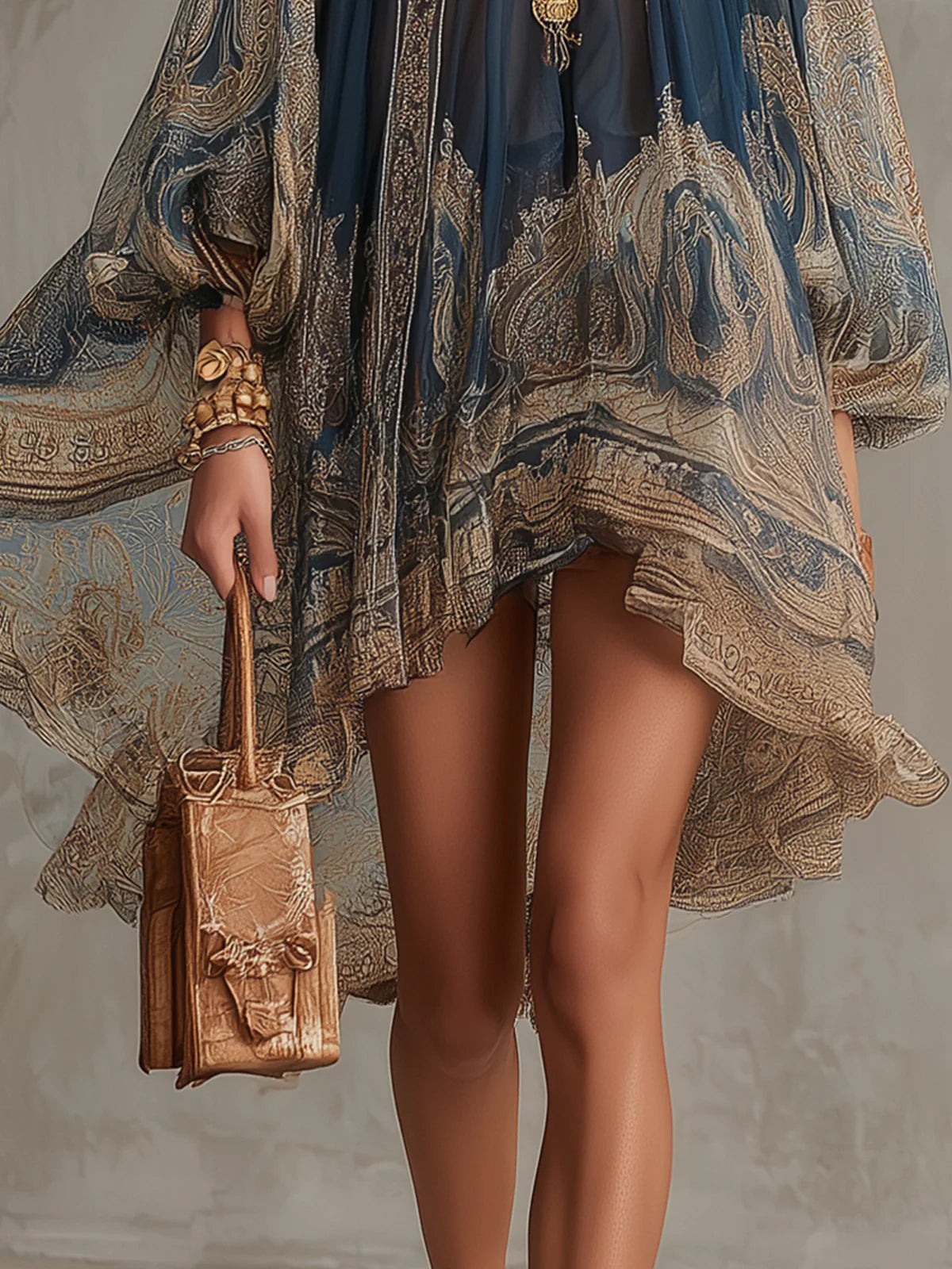 Irregular Chiffon Mini Dress with Navy Blue Baroque Print and High Neck