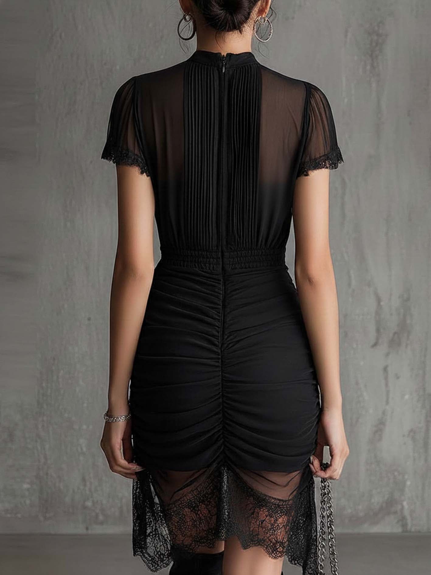 Black Chiffon Mini Dress with Pleated Waist and Lace Trim