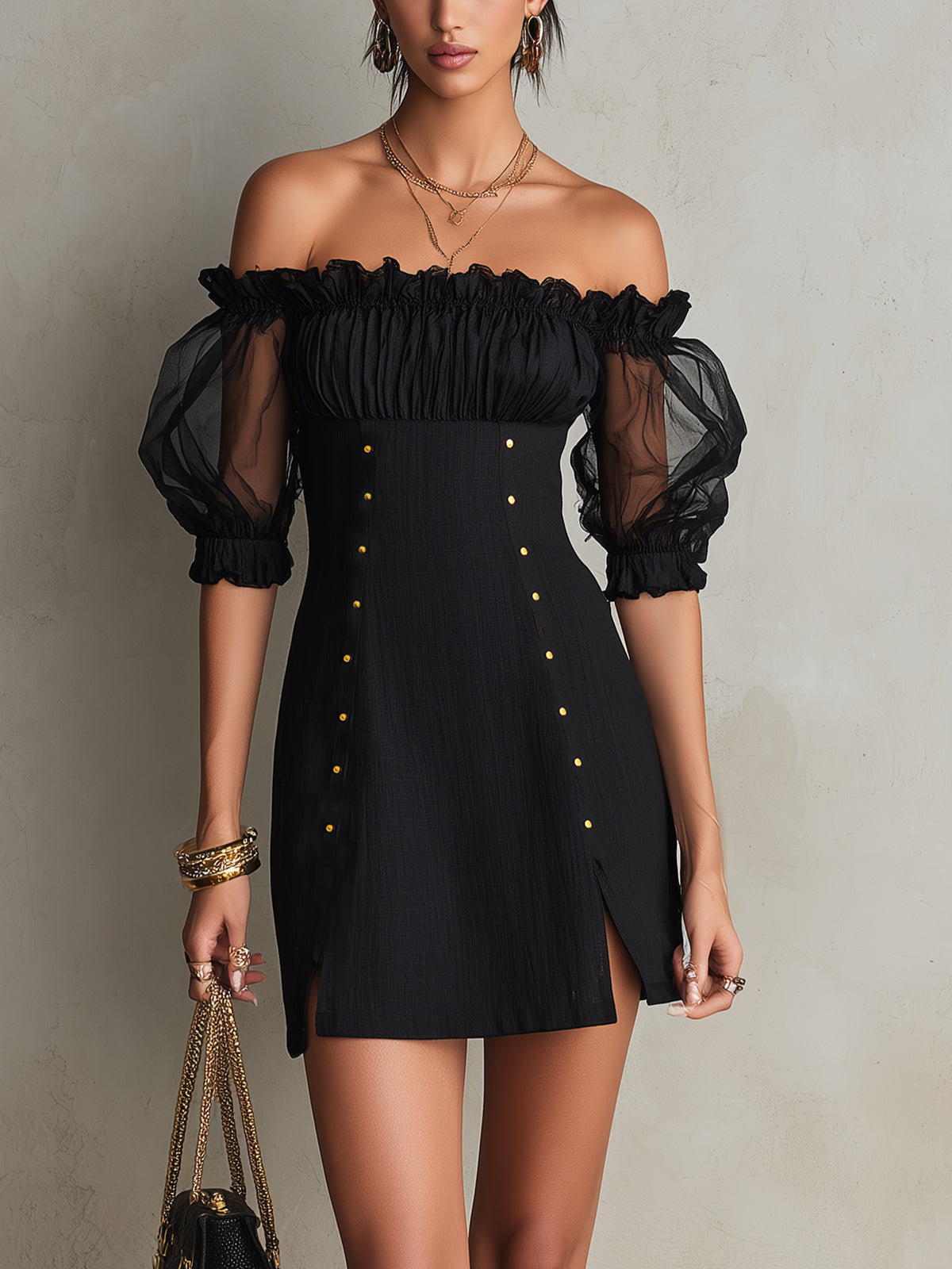 Black Mini Dress with Off-the-Shoulder and Puff Sleeves with Studs