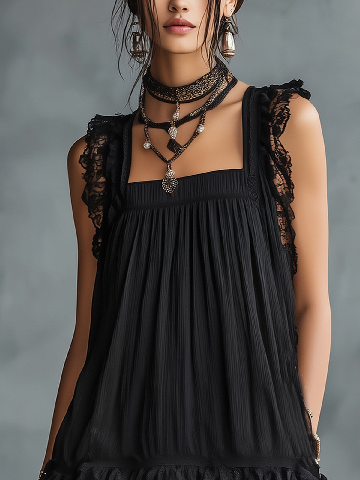 Transparent Mini Dress with Polka Dots, Ruffles, and Black Lace Trim