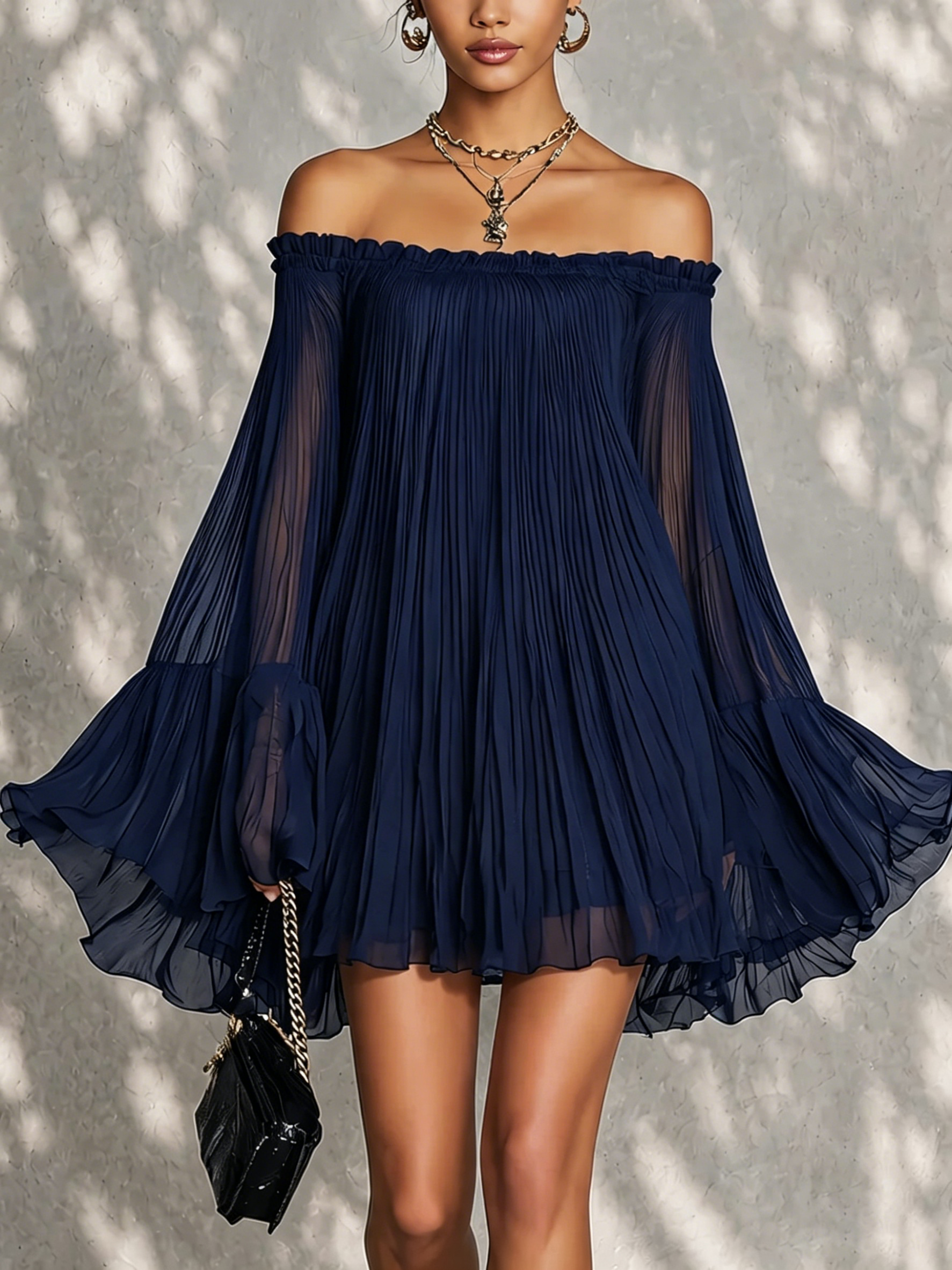 Navy Blue Bell Sleeve Mini Dress with Ruffles and Off-Shoulder Design