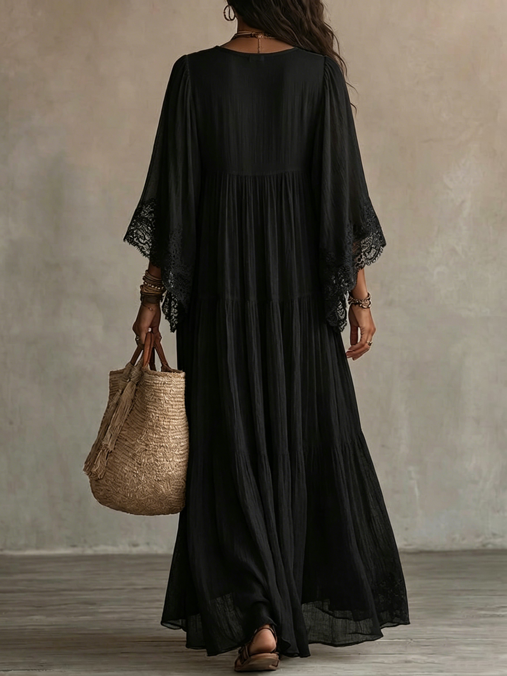 Ambra | Black V-Neck Maxi Dress with Batwing Sleeves
