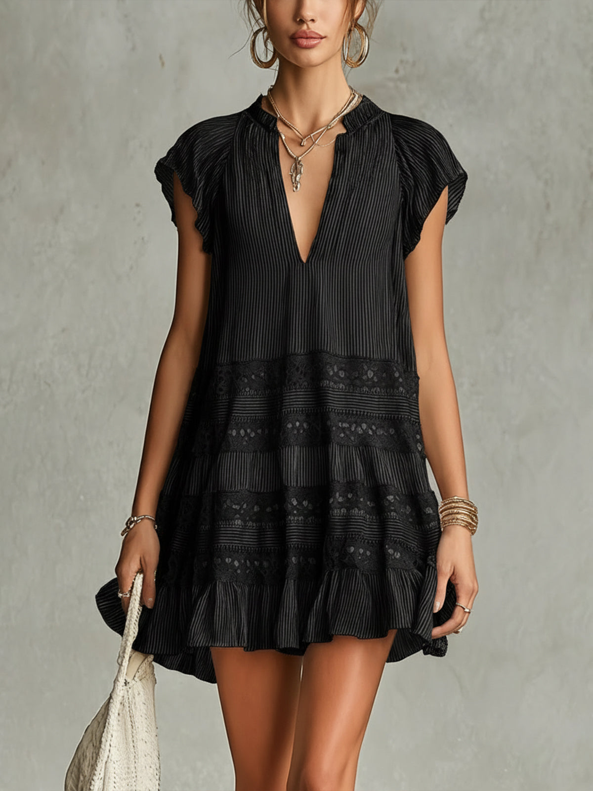 Mini Chiffon Striped Dress with Lace and Ruffles