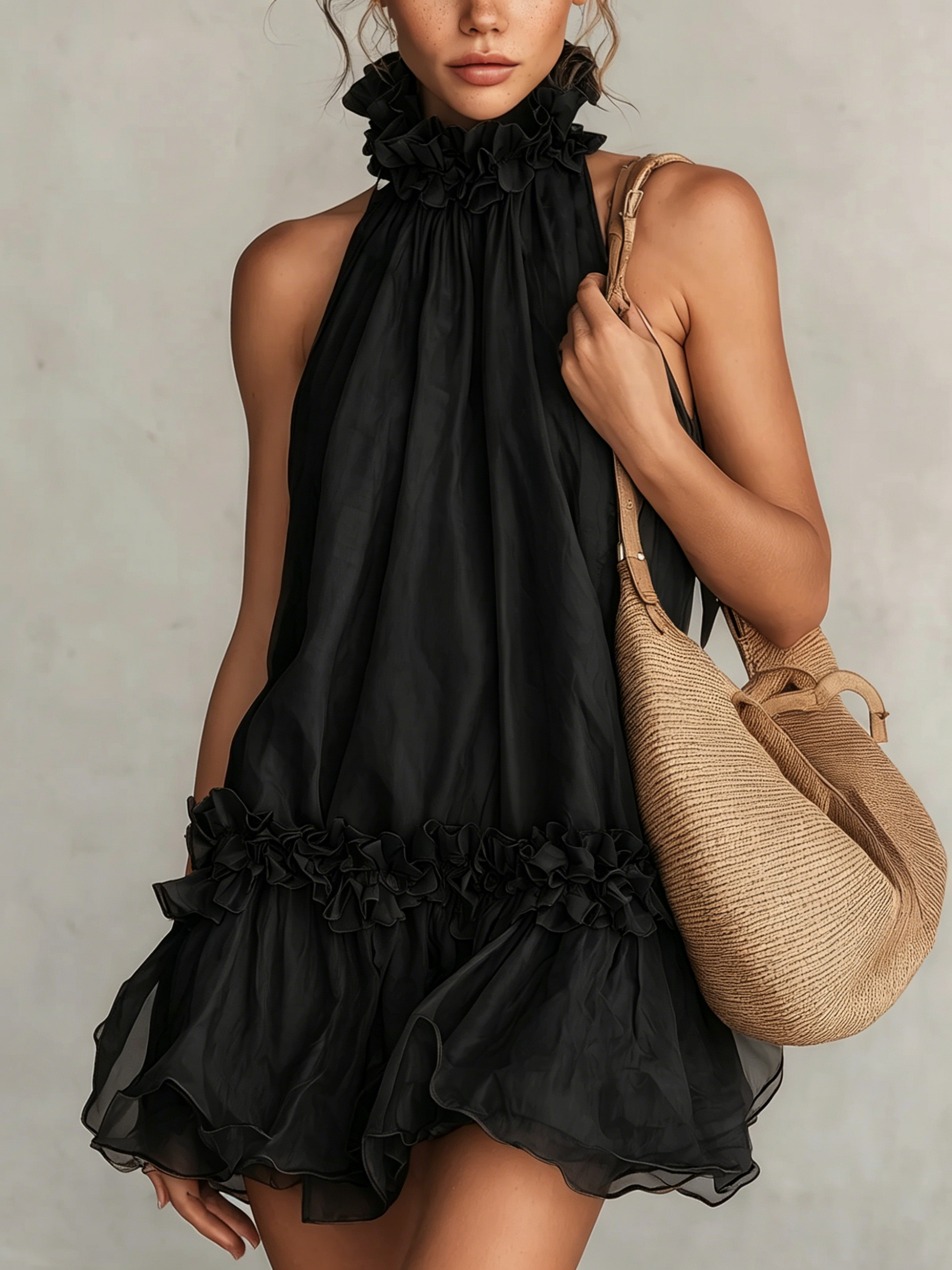 Black Chiffon Sleeveless Mini Dress with Ruffle Halter Neck
