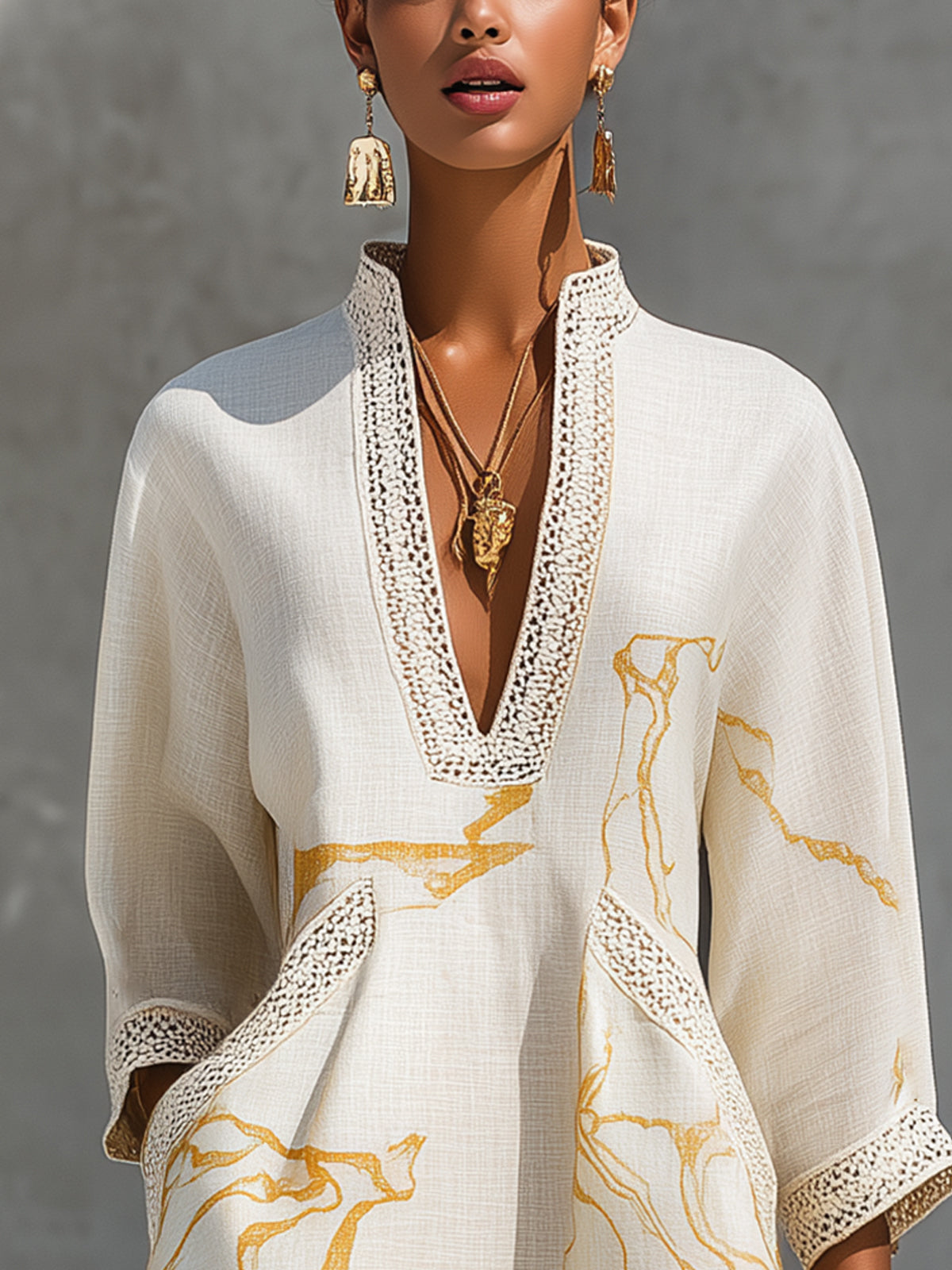 Ivory Gold V-Neck Crochet Lace Mini Dress