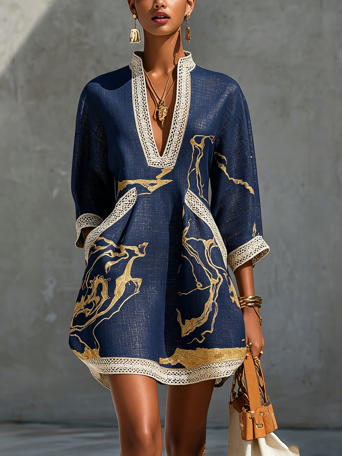 Navy Gold Printed V-Neck Crochet Lace Mini Dress