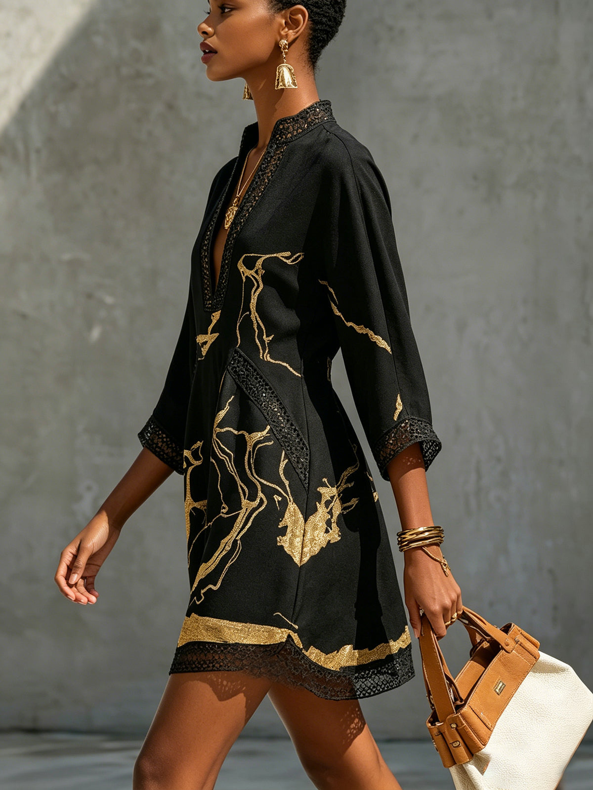 Mini Lace Dress with Black and Gold V Print