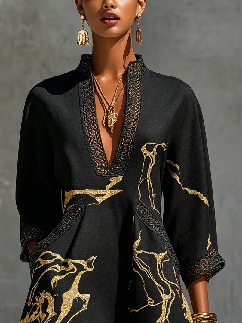 Mini Lace Dress with Black and Gold V Print