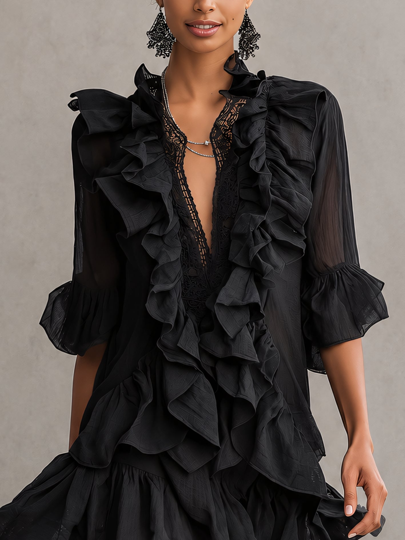 Ruffled Chiffon Lace Mini Dress