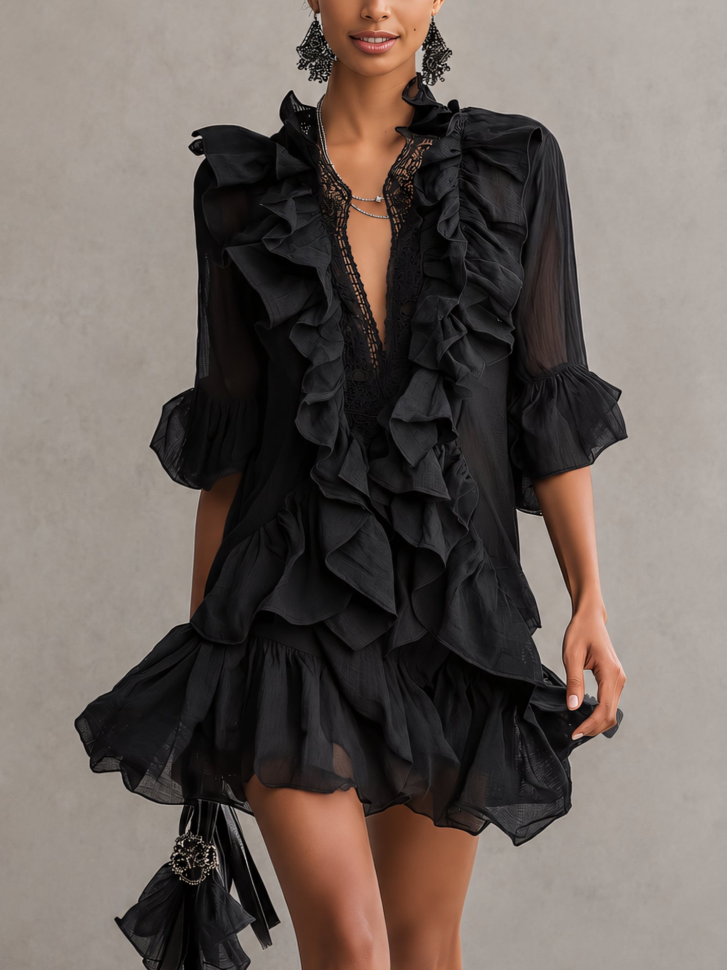 Ruffled Chiffon Lace Mini Dress