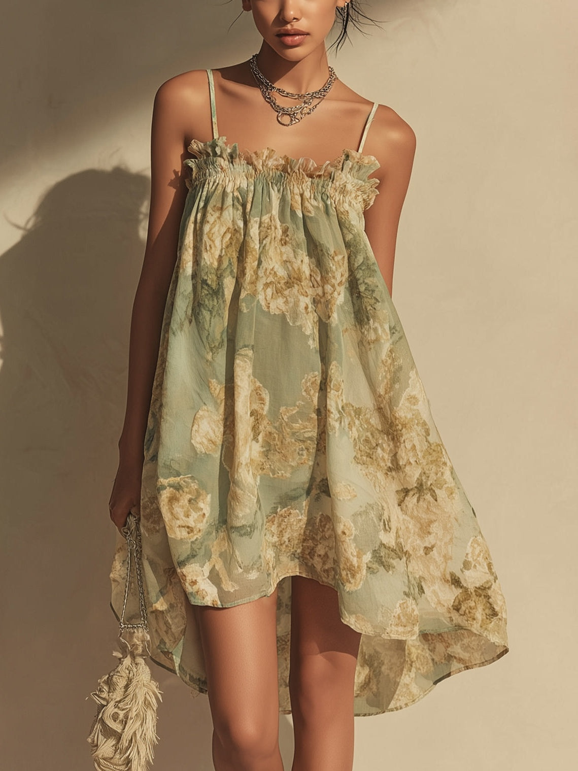 Irregular Chiffon Green Floral Dress with Ruffles